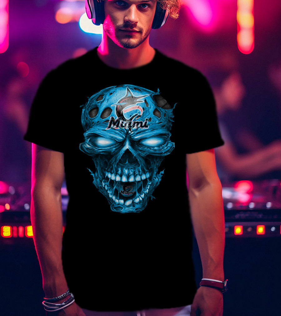 Miami Marlins Skull Blue Baseball T-Shirt