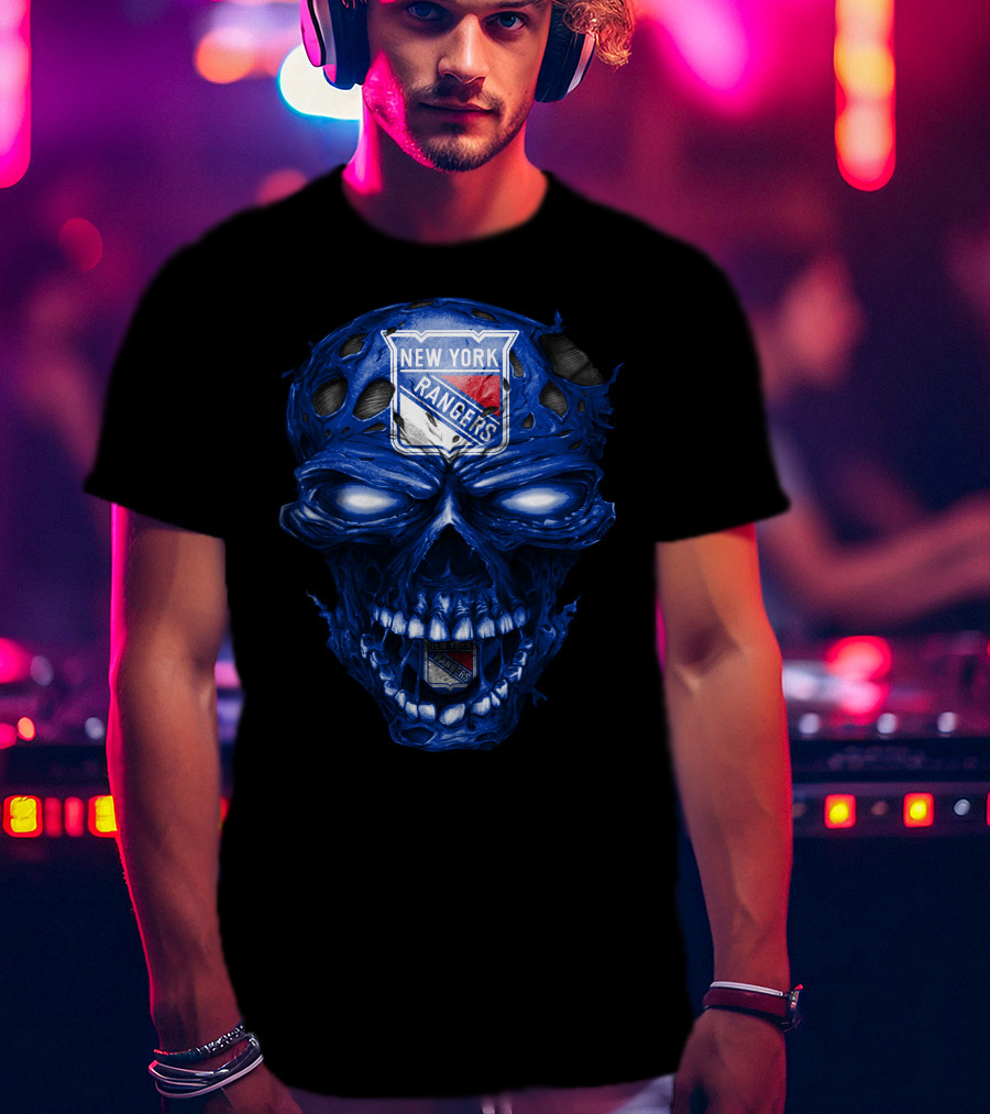 New York Rangers Skull Blue Biker Art T-Shirt