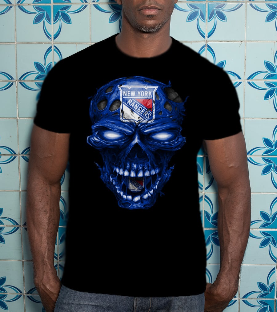 New York Rangers Skull Blue Biker Art T-Shirt