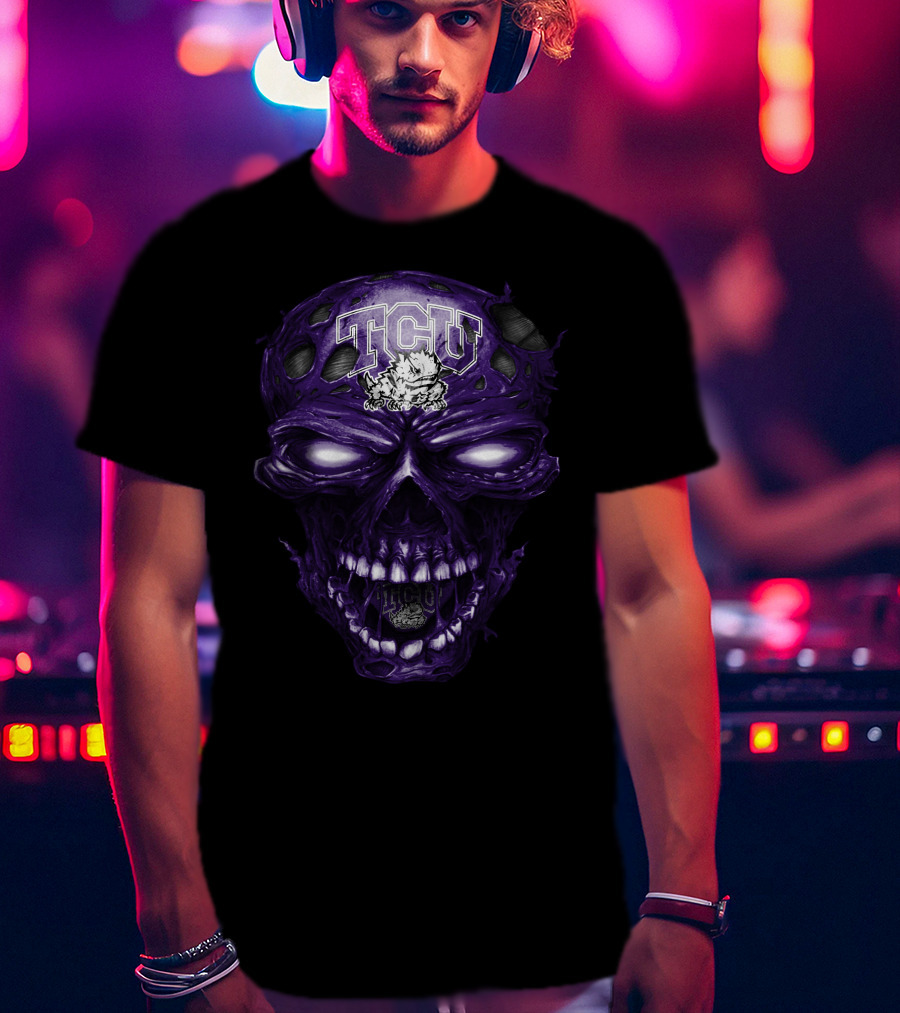 Tcu Horned Frogs Skull Purple Head With Frog And Bold Tcu T-Shirt