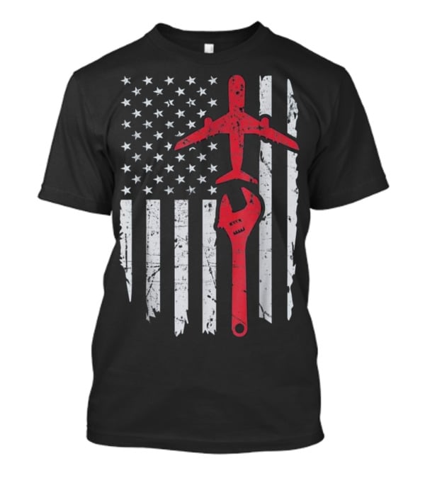 American Flag Airplane Mechanic Aviation Technician Wrench T-Shirt