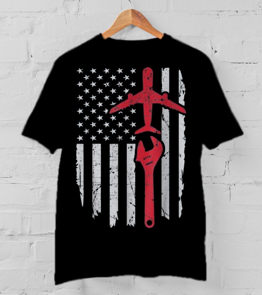 American Flag Airplane Mechanic Aviation Technician Wrench T-Shirt