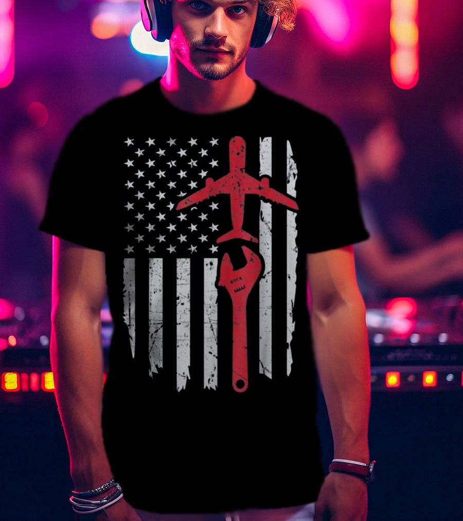 American Flag Airplane Mechanic Aviation Technician Wrench T-Shirt