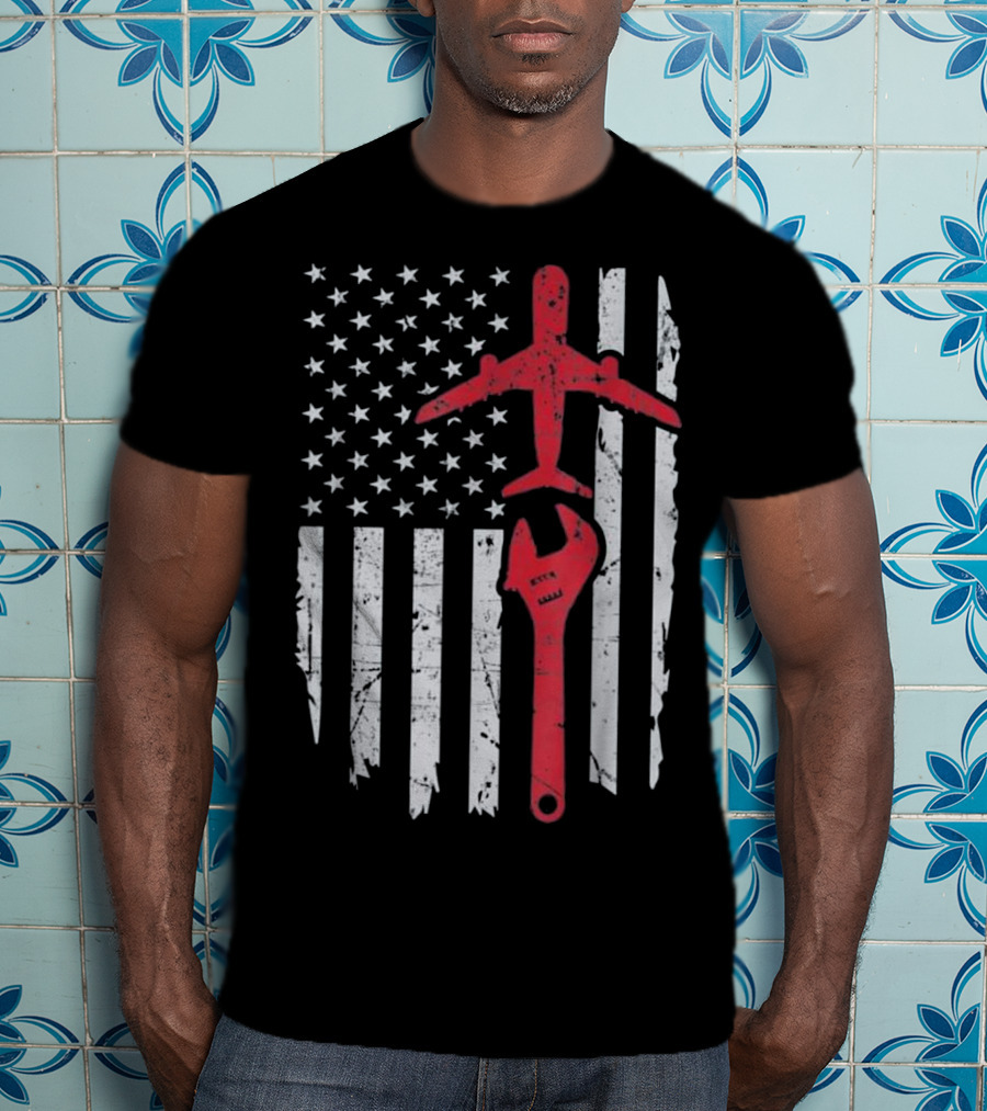 American Flag Airplane Mechanic Aviation Technician Wrench T-Shirt