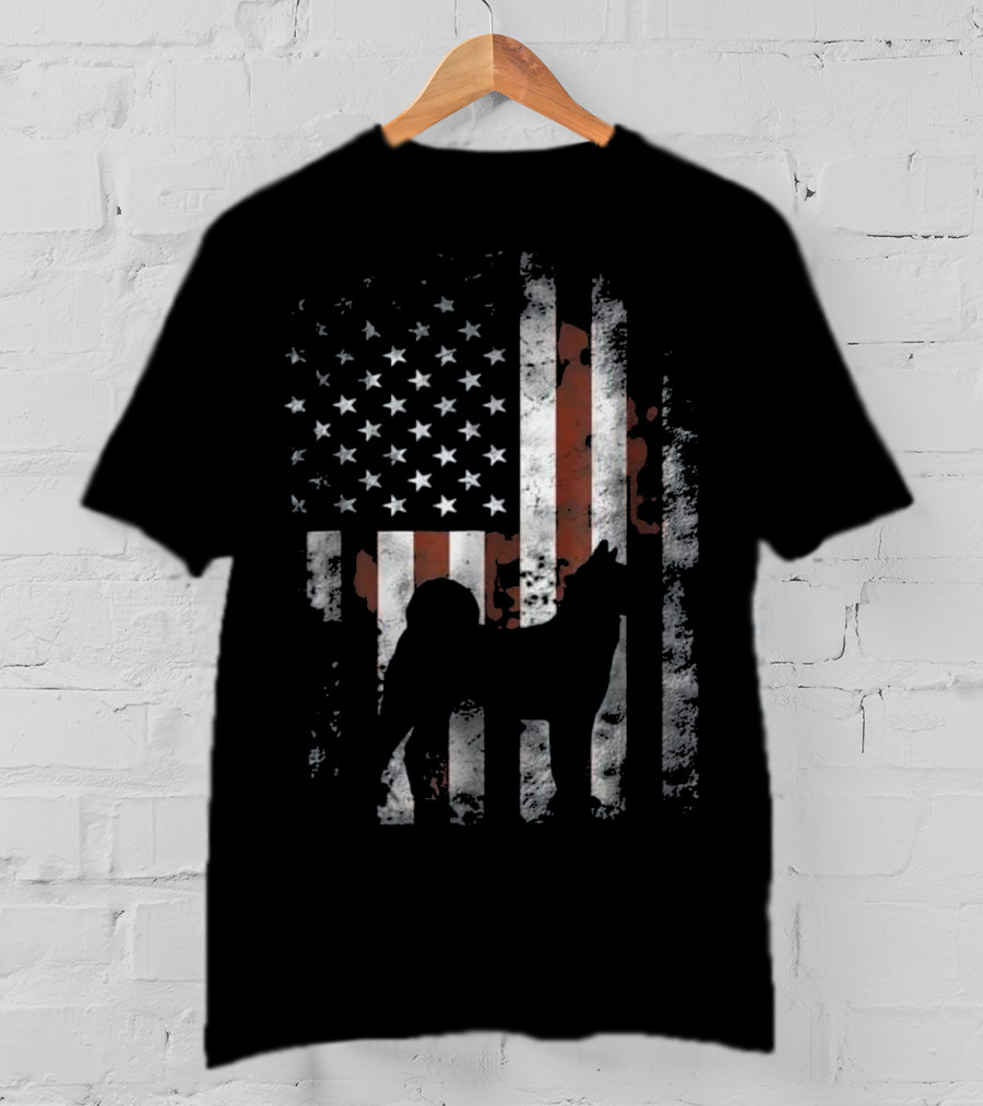 Akita Inu Silhouette Overlaid On American Flag Patriotic T-Shirt