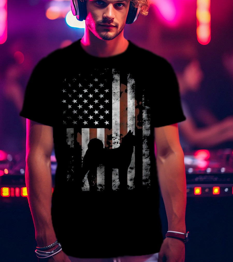 Akita Inu Silhouette Overlaid On American Flag Patriotic T-Shirt