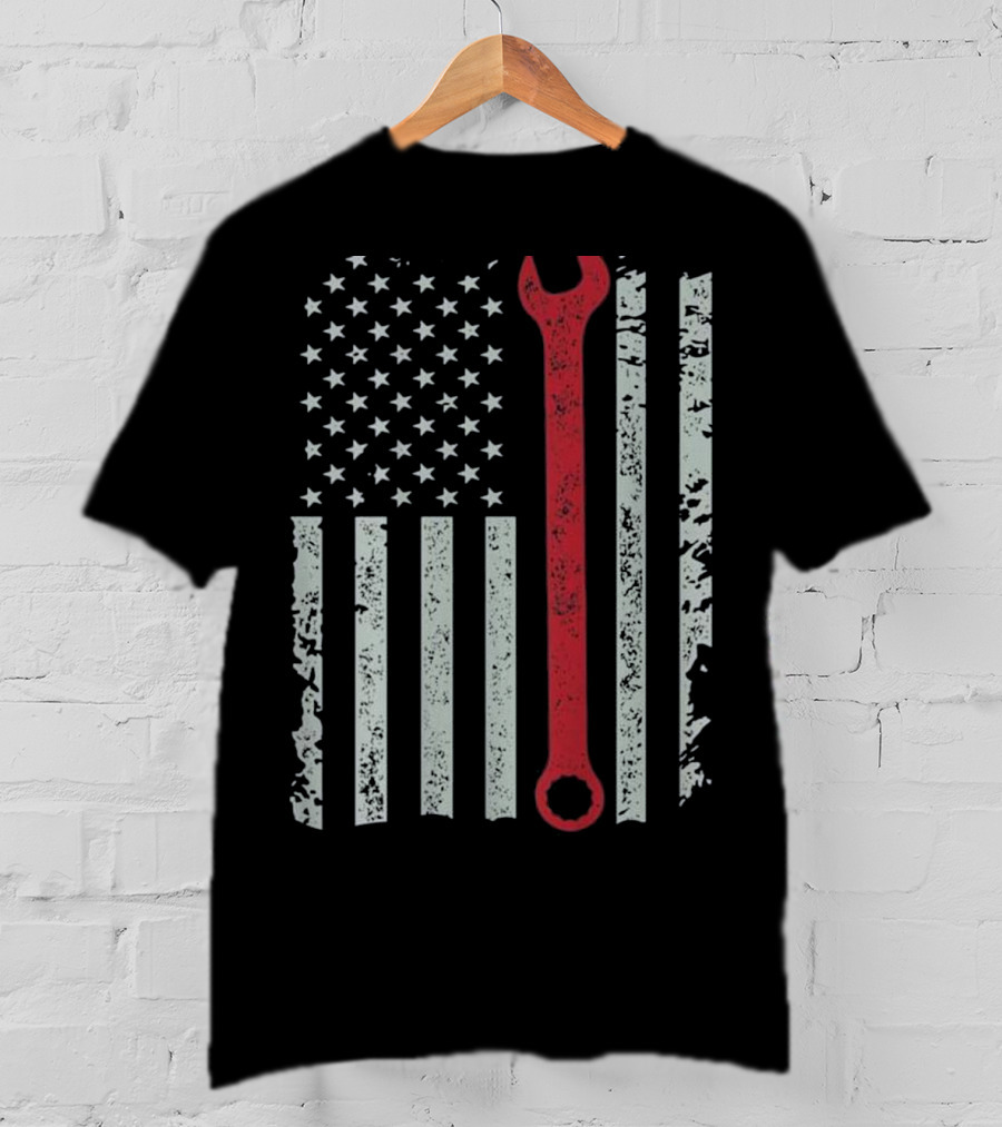 American Flag Mechanic Wrench Patriotic USA Pride T-Shirt