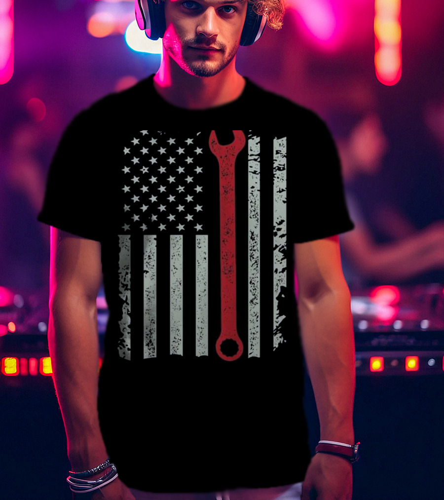 American Flag Mechanic Wrench Patriotic USA Pride T-Shirt