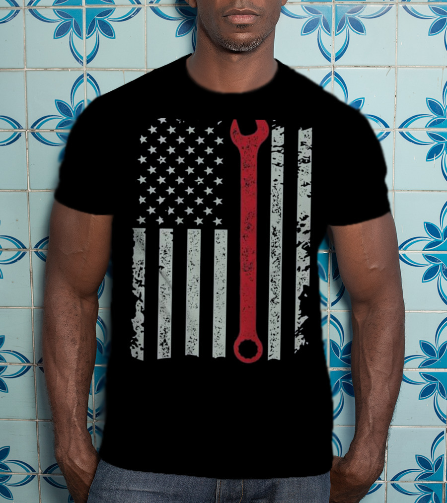 American Flag Mechanic Wrench Patriotic USA Pride T-Shirt