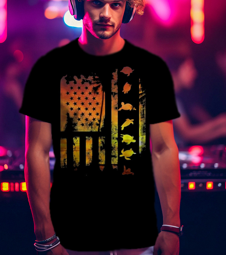 American Flag Sunset Sea Turtle T-Shirt