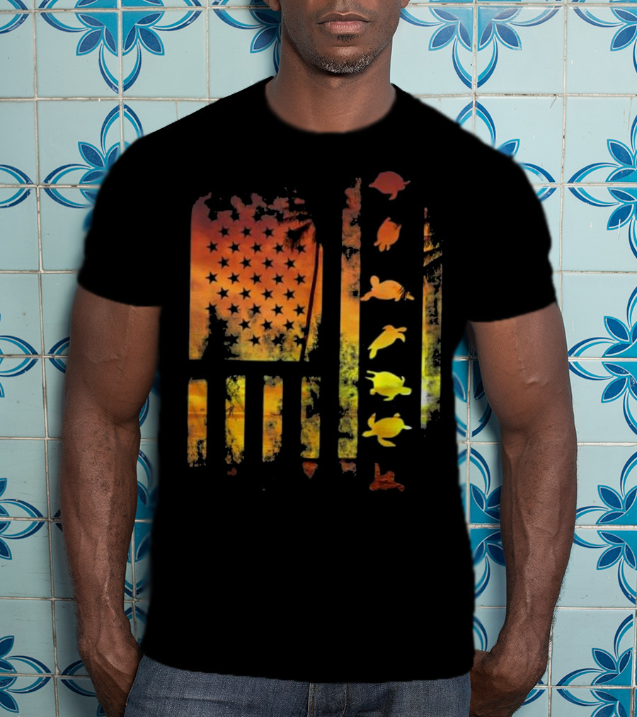American Flag Sunset Sea Turtle T-Shirt