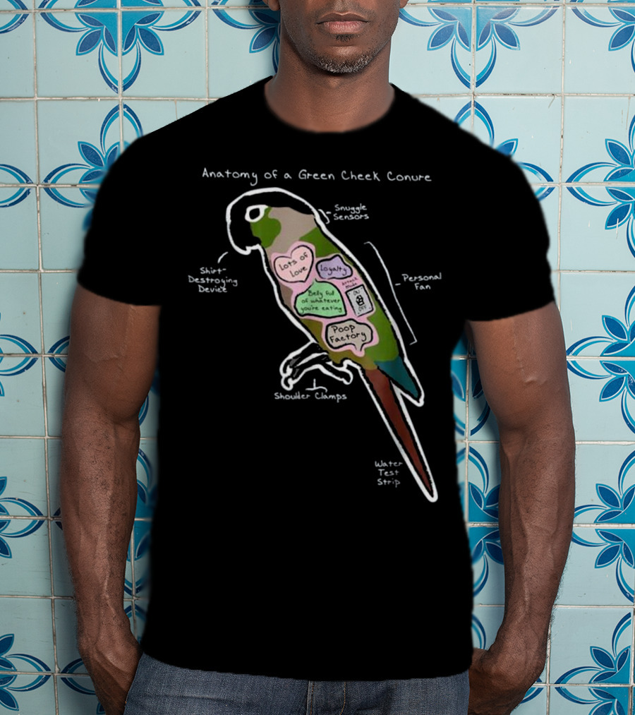 Anatomy Of A Green Cheek Conure Shirt-Destroying Device Snuggle Sensors Shoulder Clamps Poop Factory Personal Fan T-Shirt