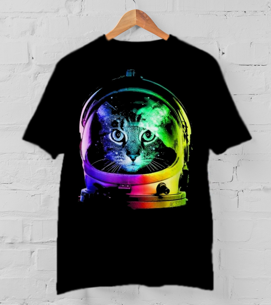 Space Cat In Astronaut Helmet With Cosmic Rainbow Colors T-Shirt