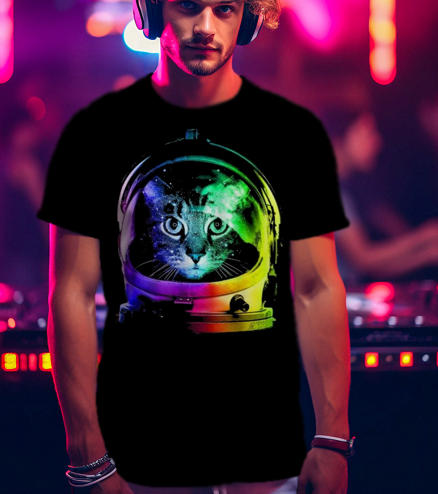 Space Cat In Astronaut Helmet With Cosmic Rainbow Colors T-Shirt