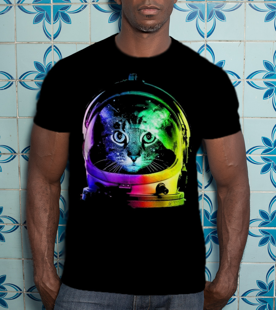 Space Cat In Astronaut Helmet With Cosmic Rainbow Colors T-Shirt