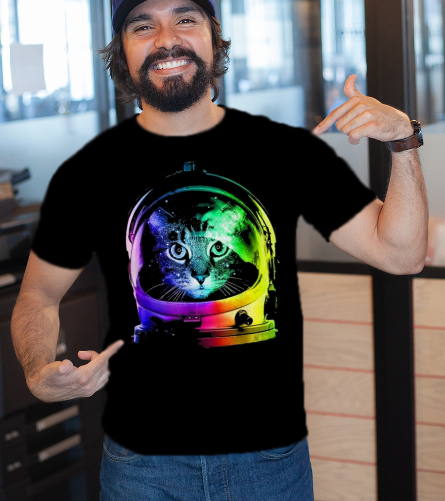 Space Cat In Astronaut Helmet With Cosmic Rainbow Colors T-Shirt