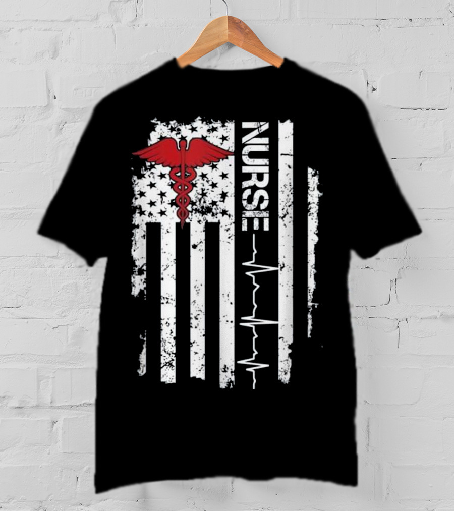 Nurse Caduceus Heartbeat American Flag Stars Stripes T-Shirt
