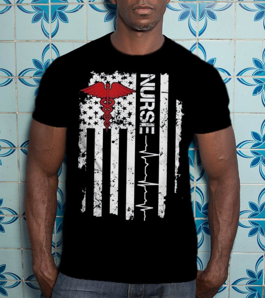 Nurse Caduceus Heartbeat American Flag Stars Stripes T-Shirt