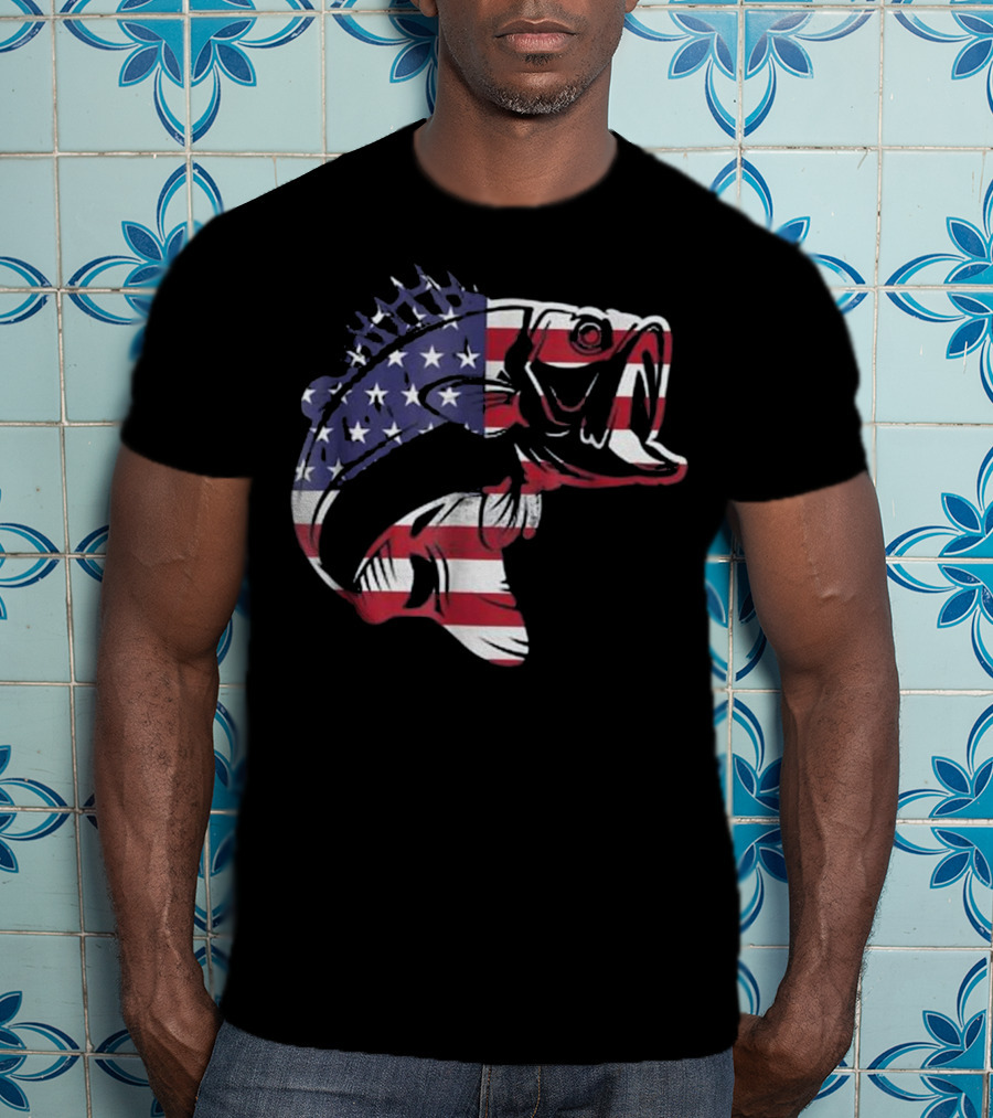Bass Fishing American Flag Patriotic Bass Fisherman T-Shirt