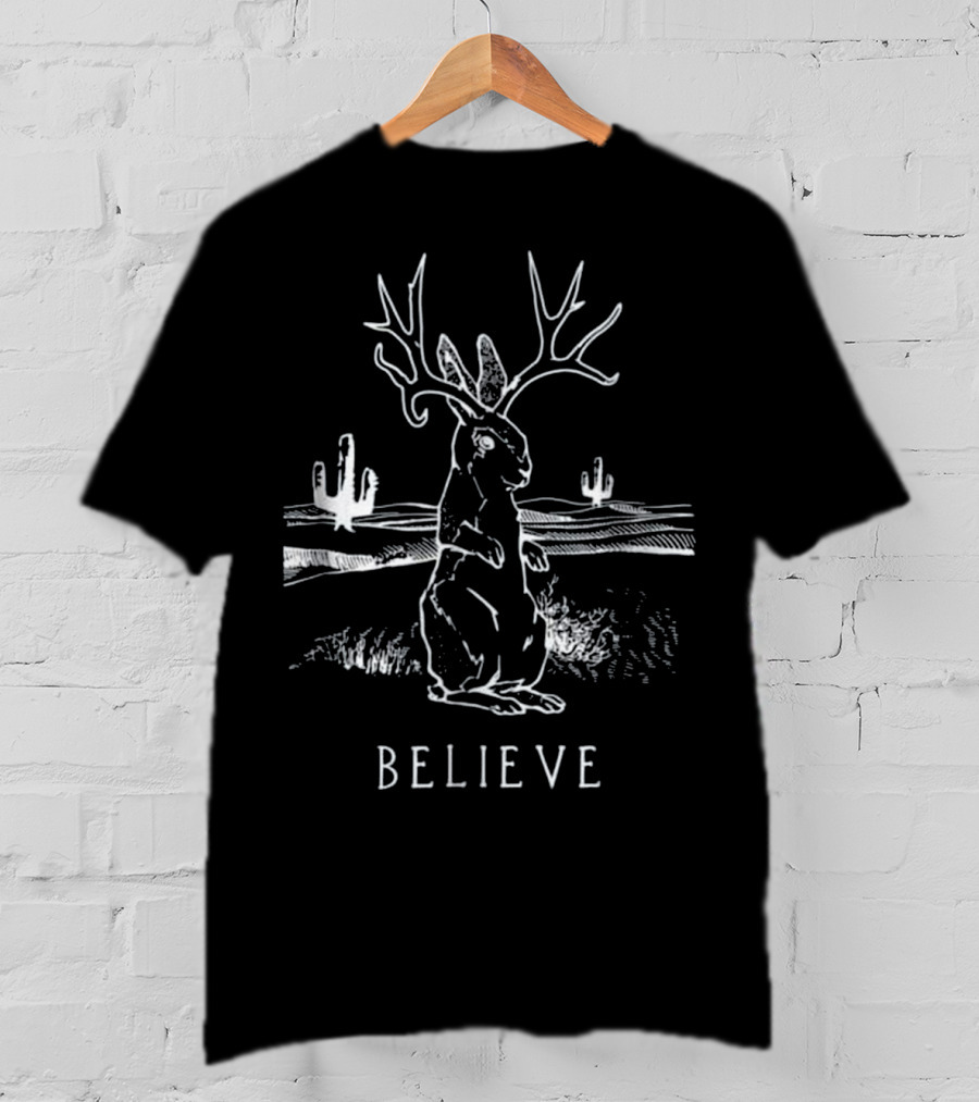 Believe Jackalope Cryptid Antlered Rabbit Desert Scene T-Shirt