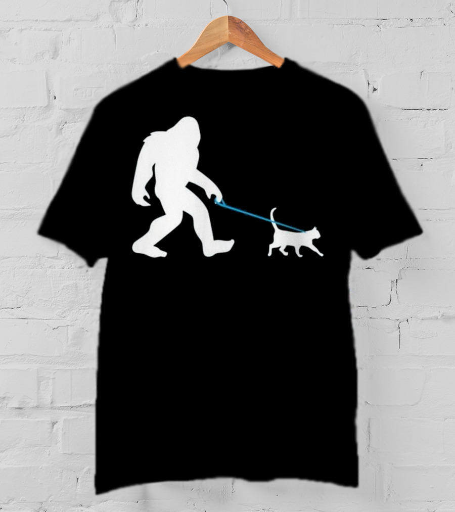 Bigfoot Walking Cat Funny Cute Sasquatch Silhouette Leash T-Shirt