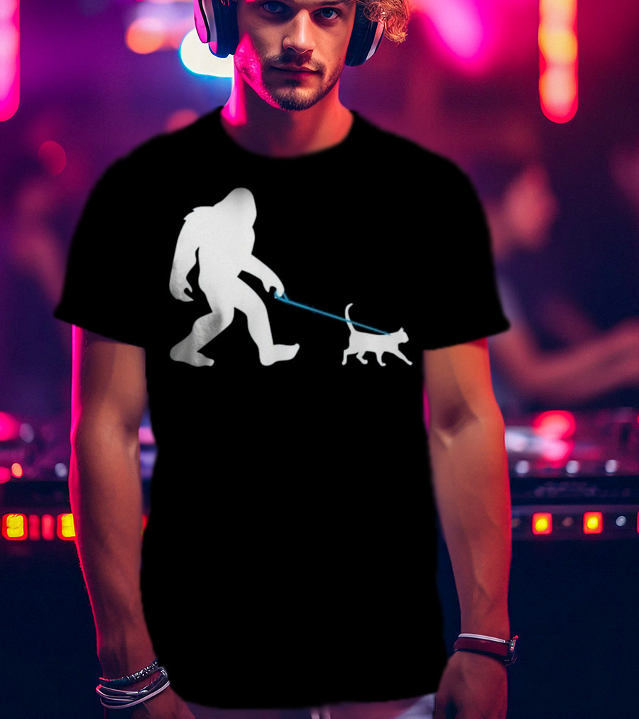 Bigfoot Walking Cat Funny Cute Sasquatch Silhouette Leash T-Shirt