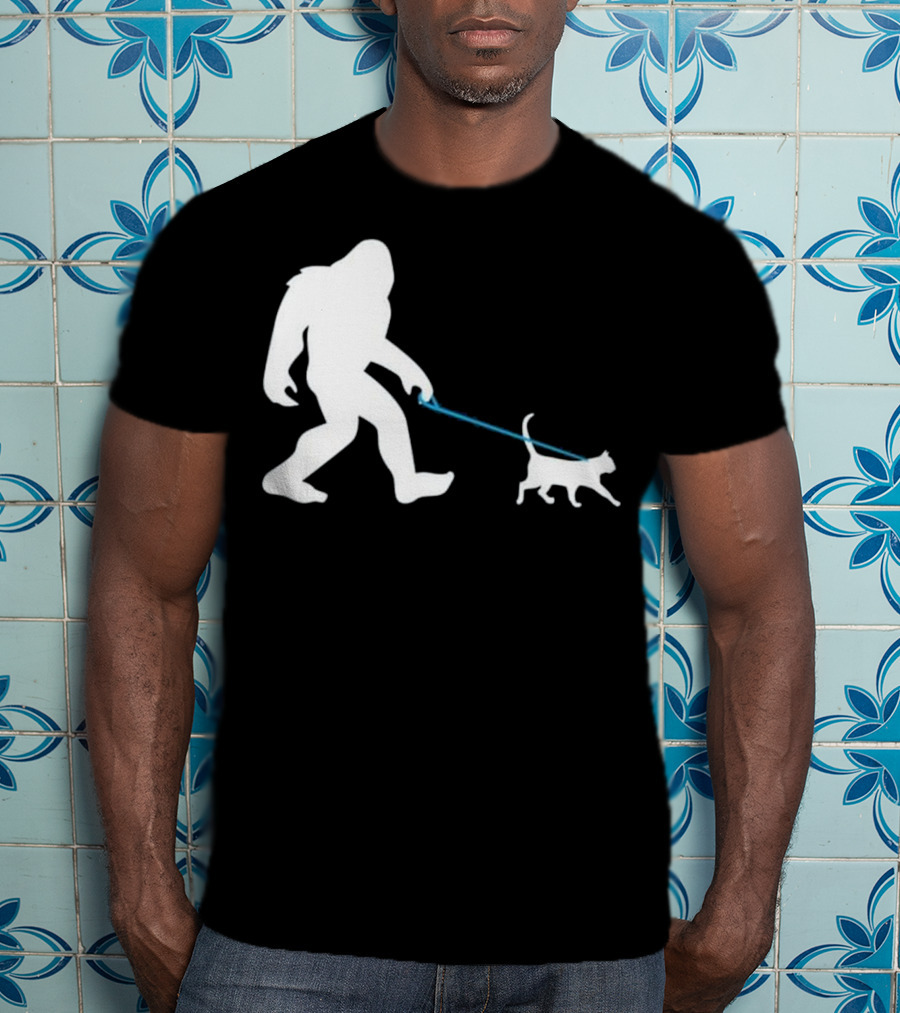 Bigfoot Walking Cat Funny Cute Sasquatch Silhouette Leash T-Shirt