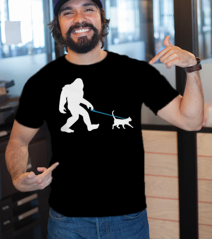 Bigfoot Walking Cat Funny Cute Sasquatch Silhouette Leash T-Shirt
