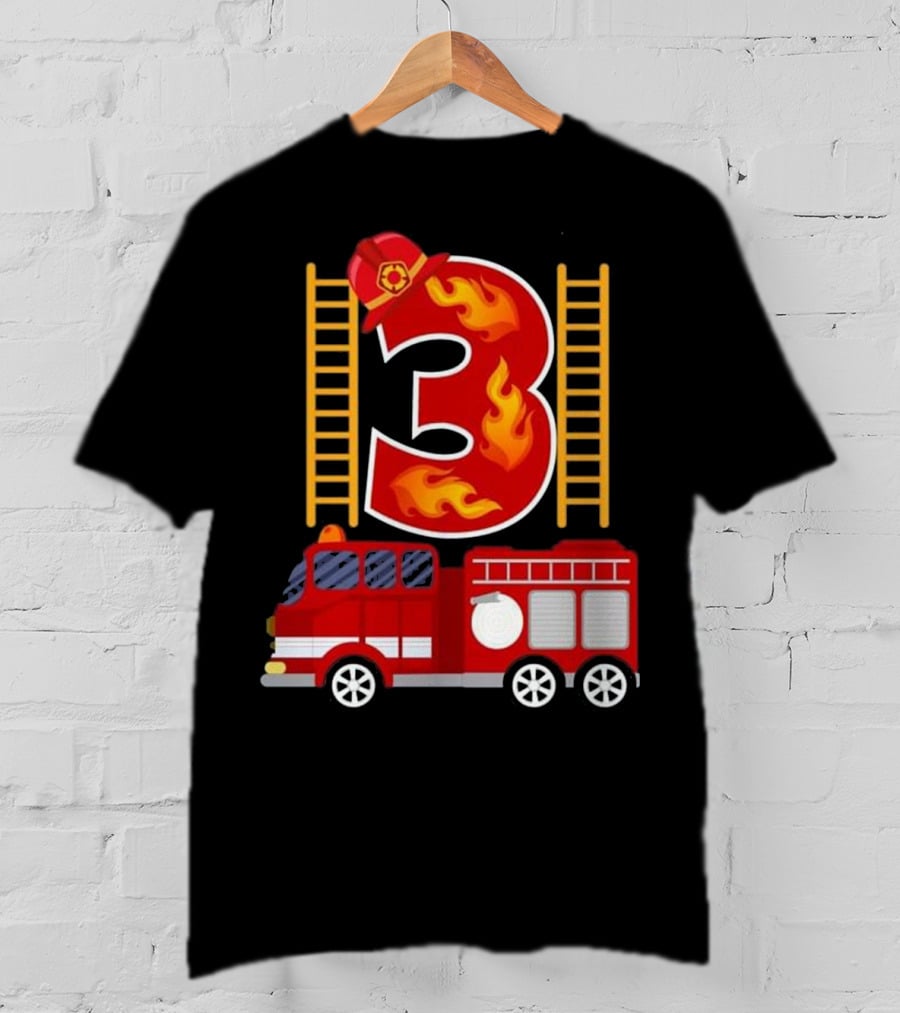 Birthday Firefighter Number 3 Fire Truck Flames Hat Ladder T-Shirt