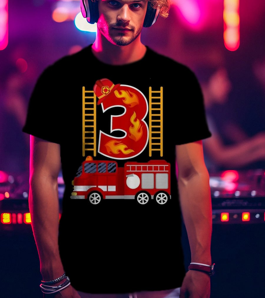 Birthday Firefighter Number 3 Fire Truck Flames Hat Ladder T-Shirt