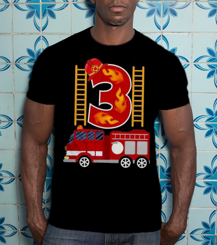 Birthday Firefighter Number 3 Fire Truck Flames Hat Ladder T-Shirt