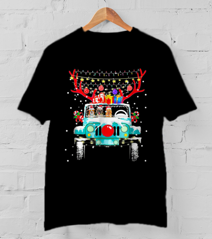Christmas Jeep Reindeer Antlers Lights And Gifts T-Shirt