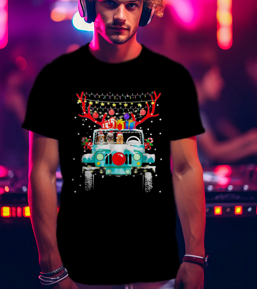 Christmas Jeep Reindeer Antlers Lights And Gifts T-Shirt