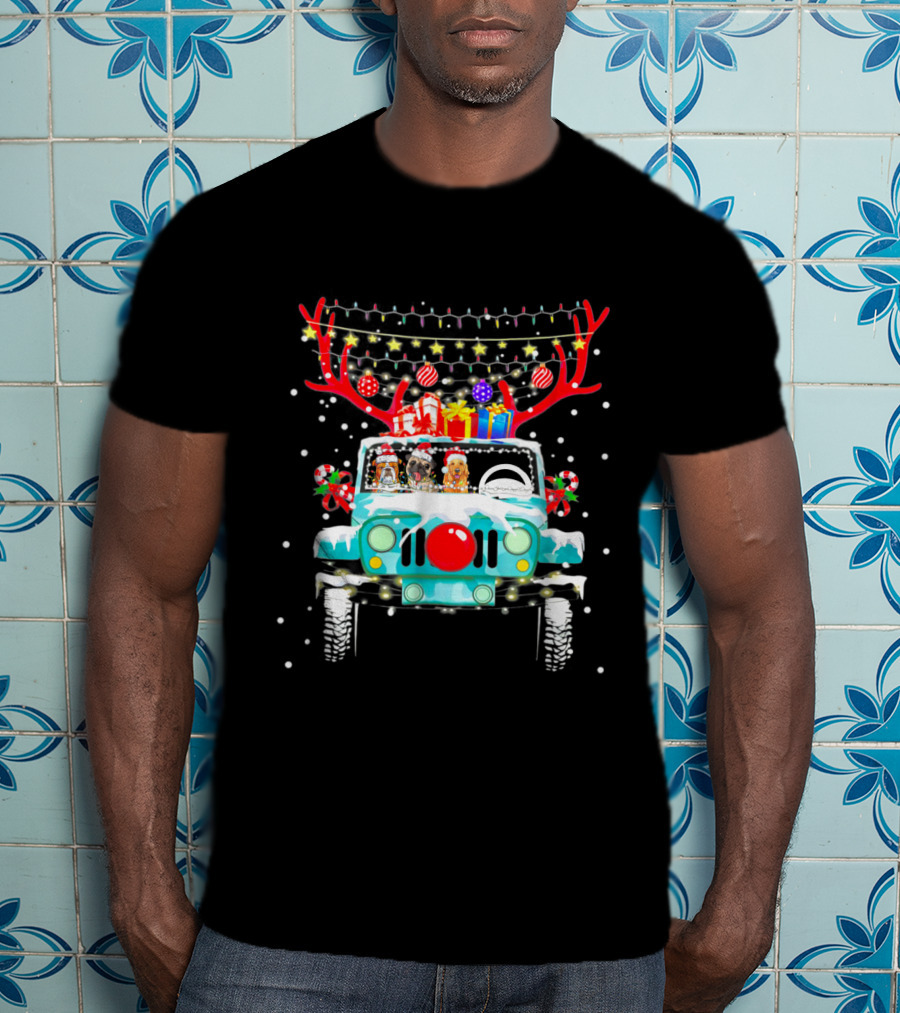 Christmas Jeep Reindeer Antlers Lights And Gifts T-Shirt