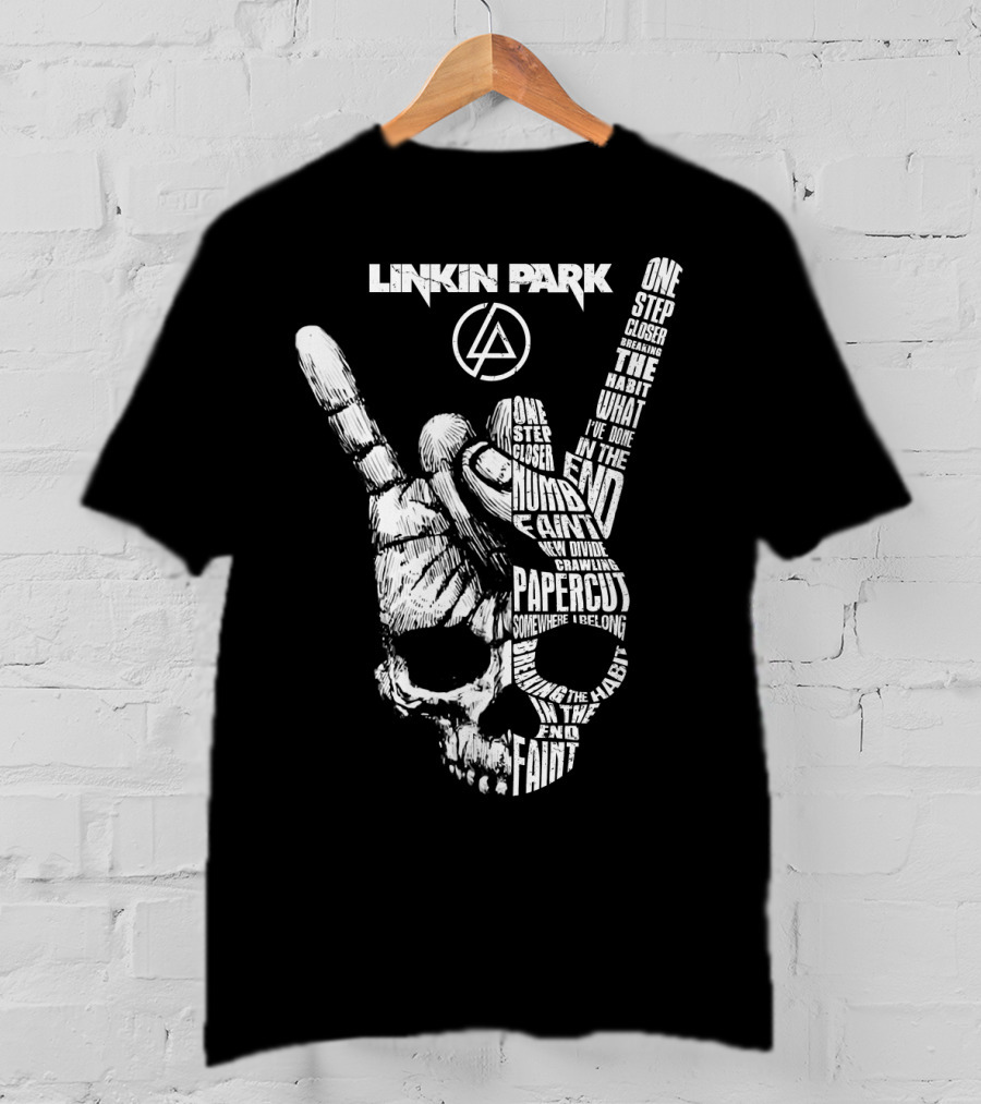 Linkin Park Lyrics Skull Hand Sign With Songs Faint In The End Crawling One Step Closer T-Shirt
