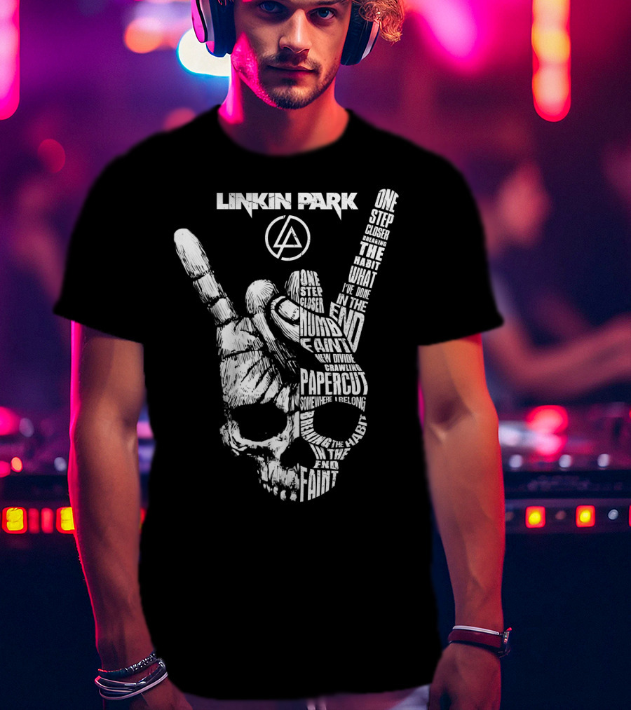 Linkin Park Lyrics Skull Hand Sign With Songs Faint In The End Crawling One Step Closer T-Shirt