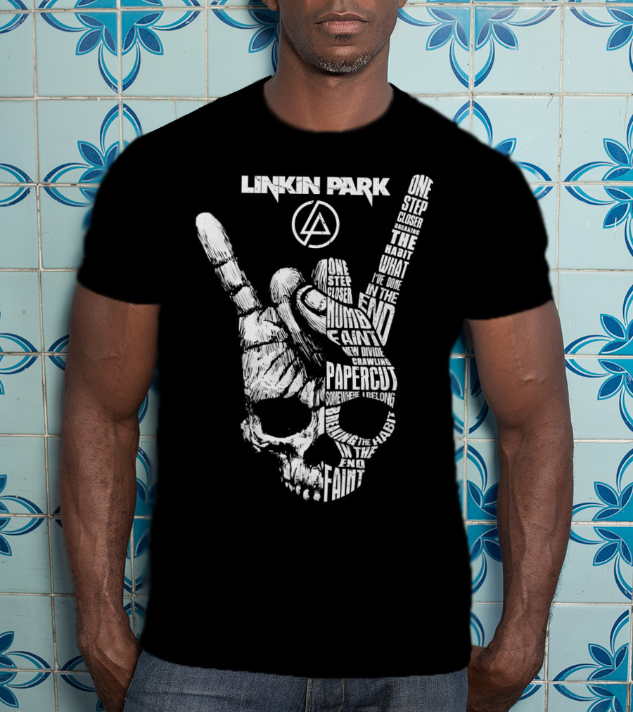 Linkin Park Lyrics Skull Hand Sign With Songs Faint In The End Crawling One Step Closer T-Shirt
