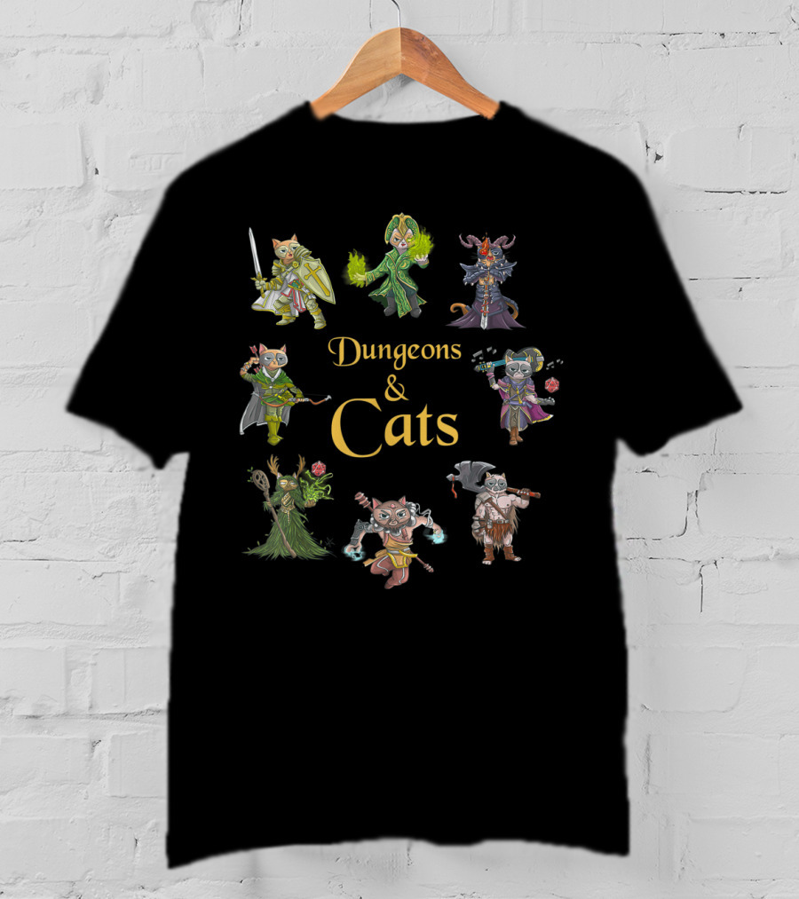 Dungeons And Cats Warrior Mage Archer Knight Characters T-Shirt