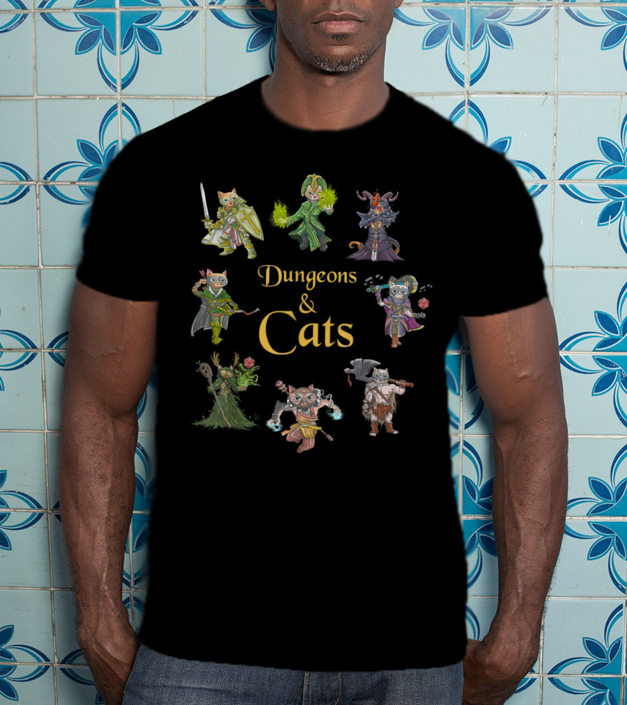 Dungeons And Cats Warrior Mage Archer Knight Characters T-Shirt