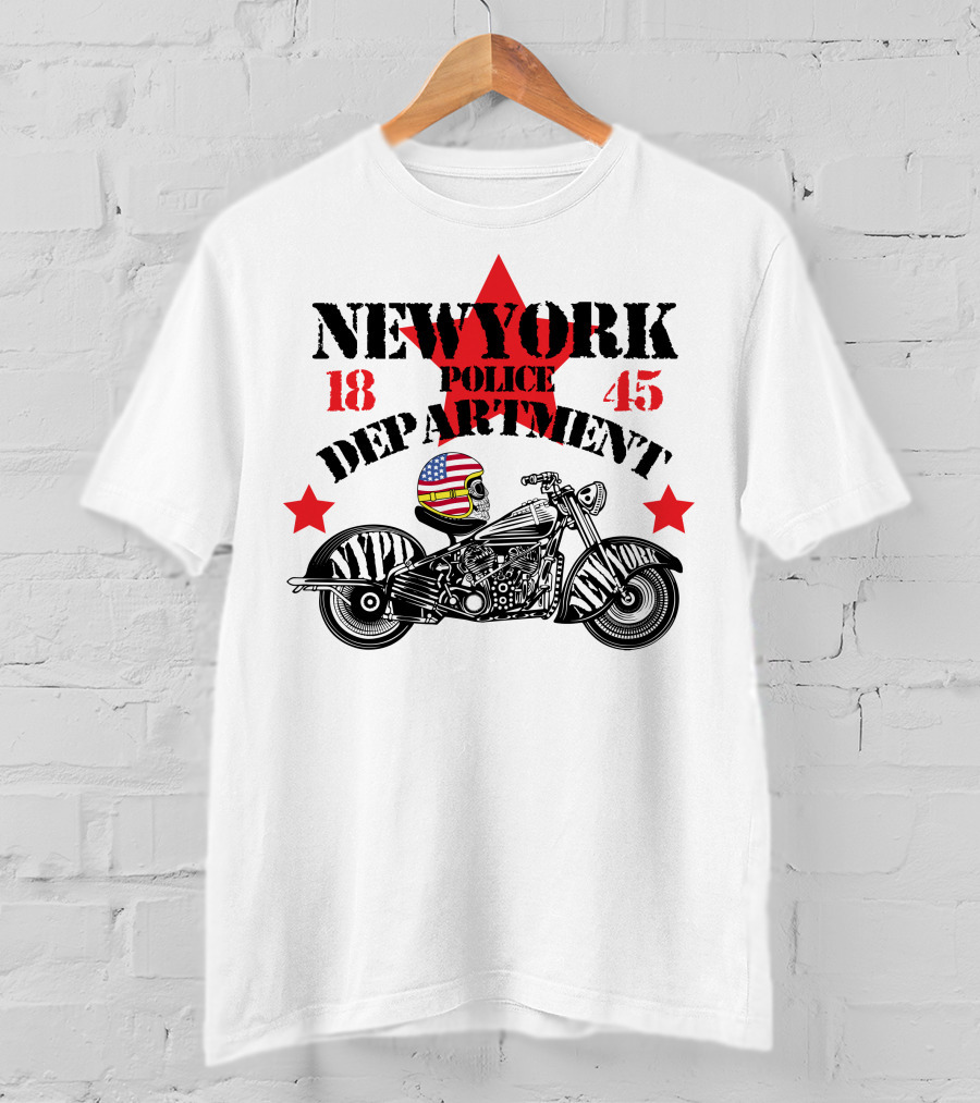 NEWYORK Police Department 1845 NYPD Motorcycle Skull Helmet Stars T-Shirt