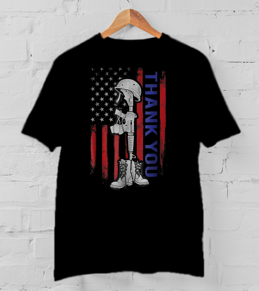 Thank You Distressed Memorial Day Flag Military Boots Dog Tags T-Shirt