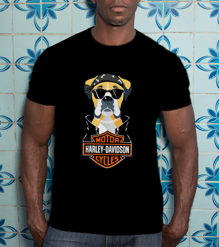 Harley Davidson Boxer Motorcycle Dog With Bandana And Sunglasses T-Shirt