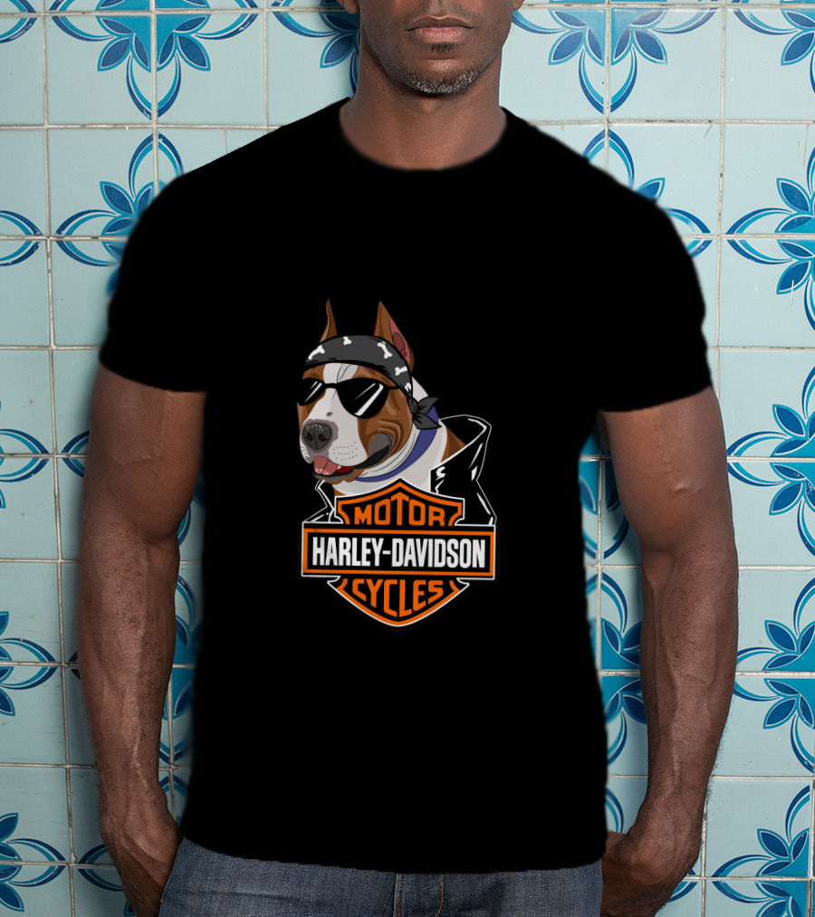 Harley Davidson Motorcycles American Staffordshire Terrier Biker T-Shirt