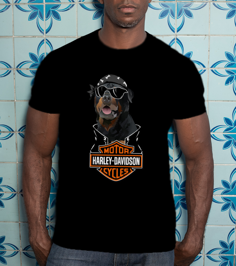 Rottweiler Harley Davidson Motorcycles Biker Bandana And Sunglasses T-Shirt