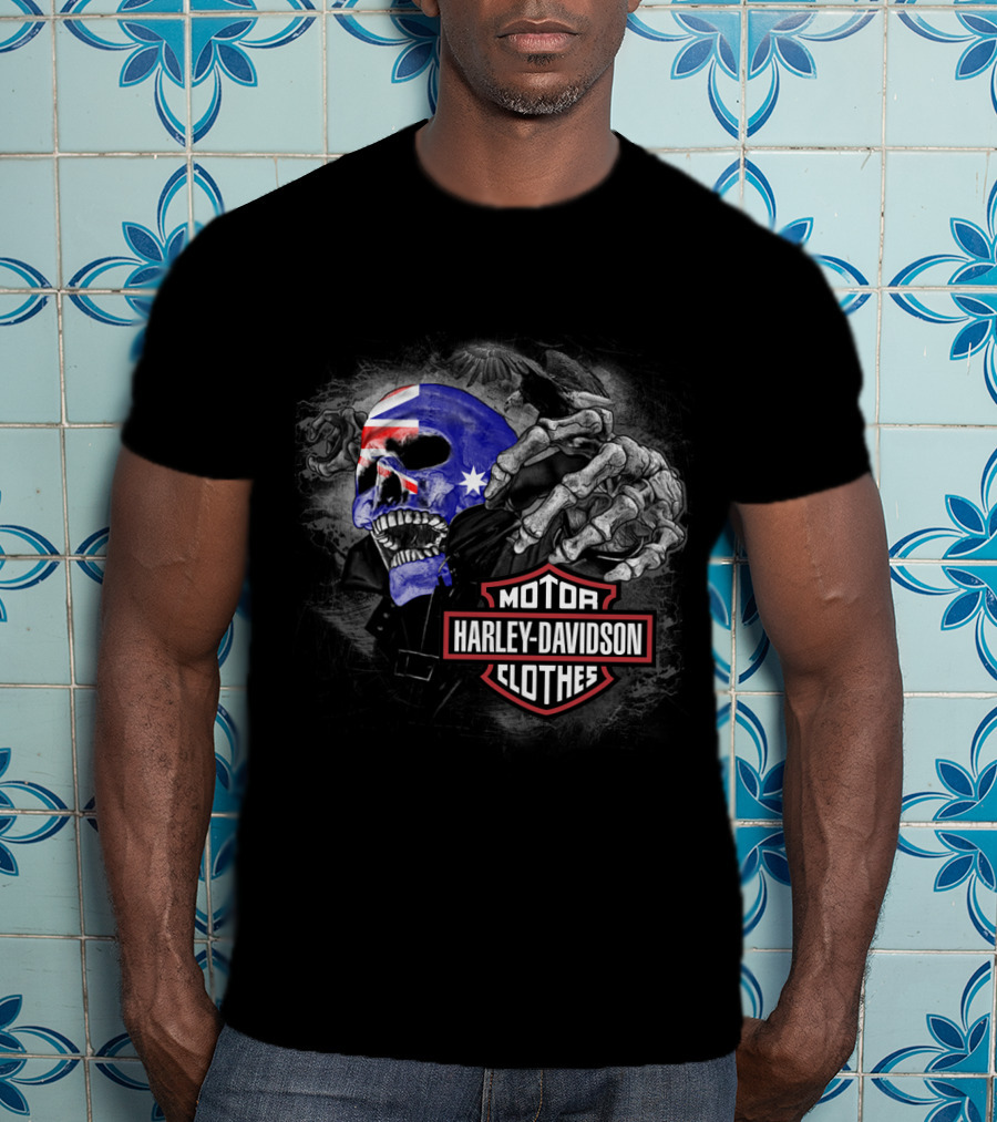 Harley Davidson Australia Skull Flag Motif T-Shirt