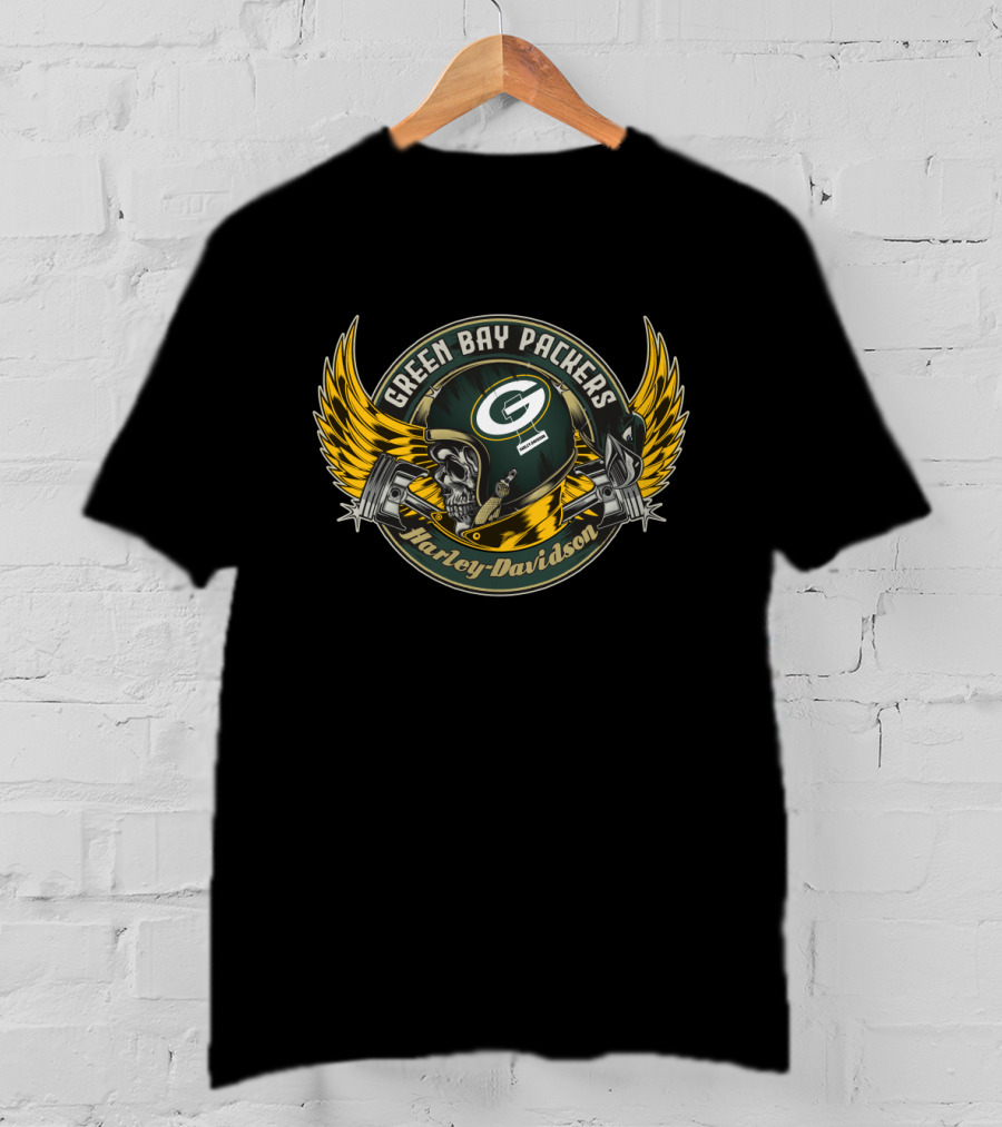 Green Bay Packers Harley Davidson Skull Helmet Wings T-Shirt