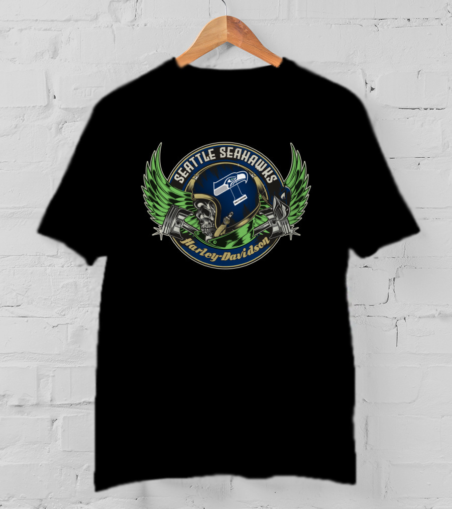 Seattle Seahawks Harley Davidson Skull Helmet With Piston Wings T-Shirt
