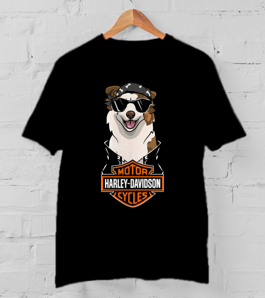 Harley Davidson Motor Cycles Australian Shepherd Biker Dog T-Shirt