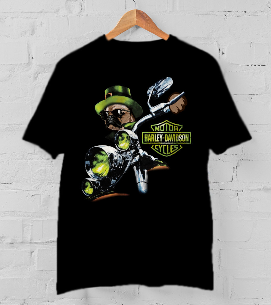 Harley Davidson Motorcycles Pug Riding St Patrick's Day T-Shirt