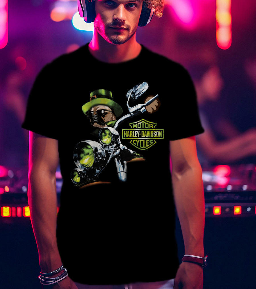 Harley Davidson Motorcycles Pug Riding St Patrick's Day T-Shirt